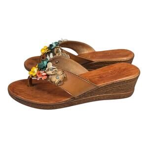 Maricela Made in Italy Leather Floral Wedge Sandals 7 /7.5 Brown Wood-Look Boho